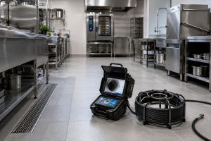 Professionelles Rohrinspektionsgerät mit Kamera und Kabeltrommel in einer sauberen Großküche mit Edelstahl-Spülstation, Bodenrinne und breiten Laufwegen.
