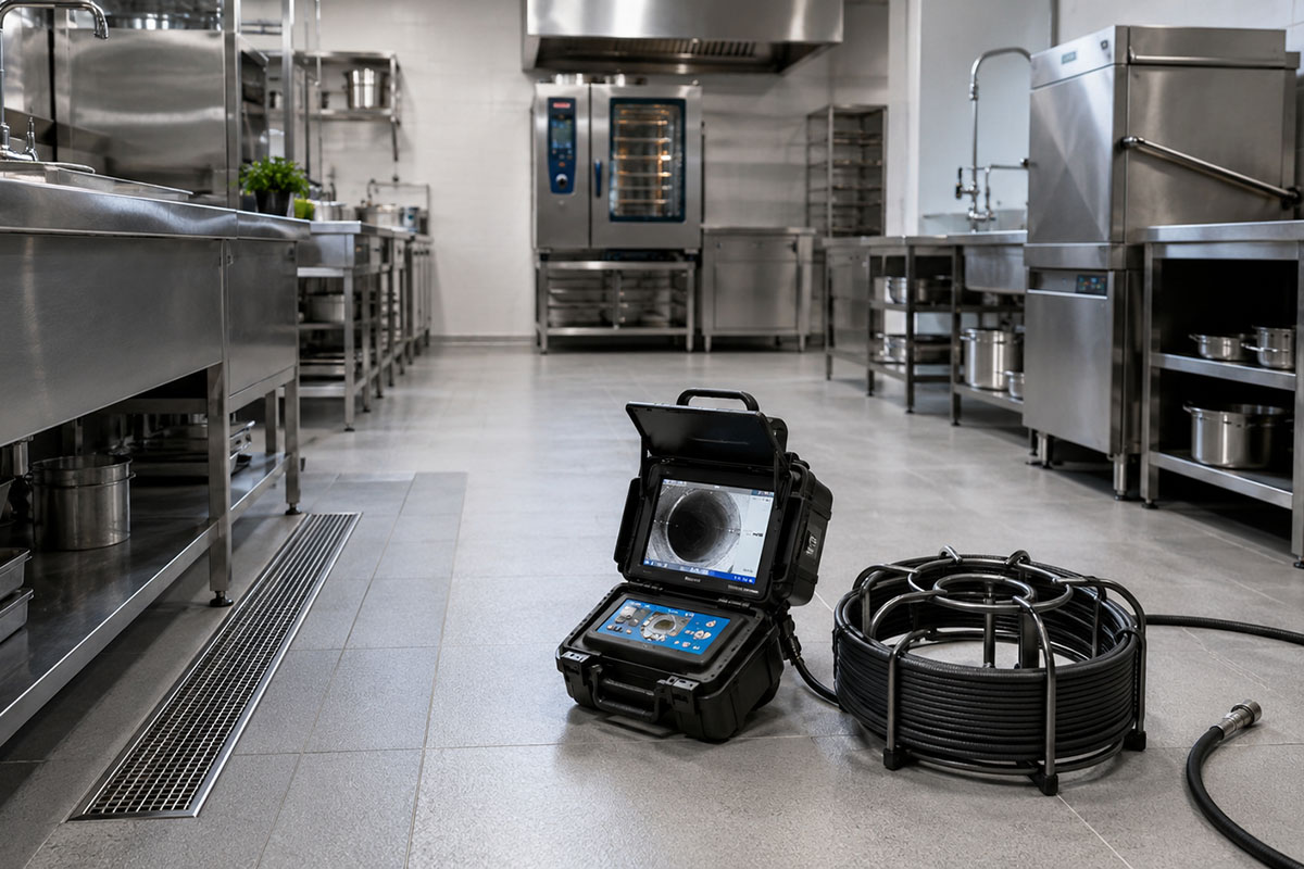 Professionelles Rohrinspektionsgerät mit Kamera und Kabeltrommel in einer sauberen Großküche mit Edelstahl-Spülstation, Bodenrinne und breiten Laufwegen.