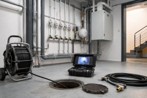 Geöffneter Revisionsschacht in einem sauberen Technikraum eines Mehrfamilienhauses mit Rohrreinigungsgerät, Hochdruckschlauch und TV-Kamera zur Inspektion von Abwasserleitungen.