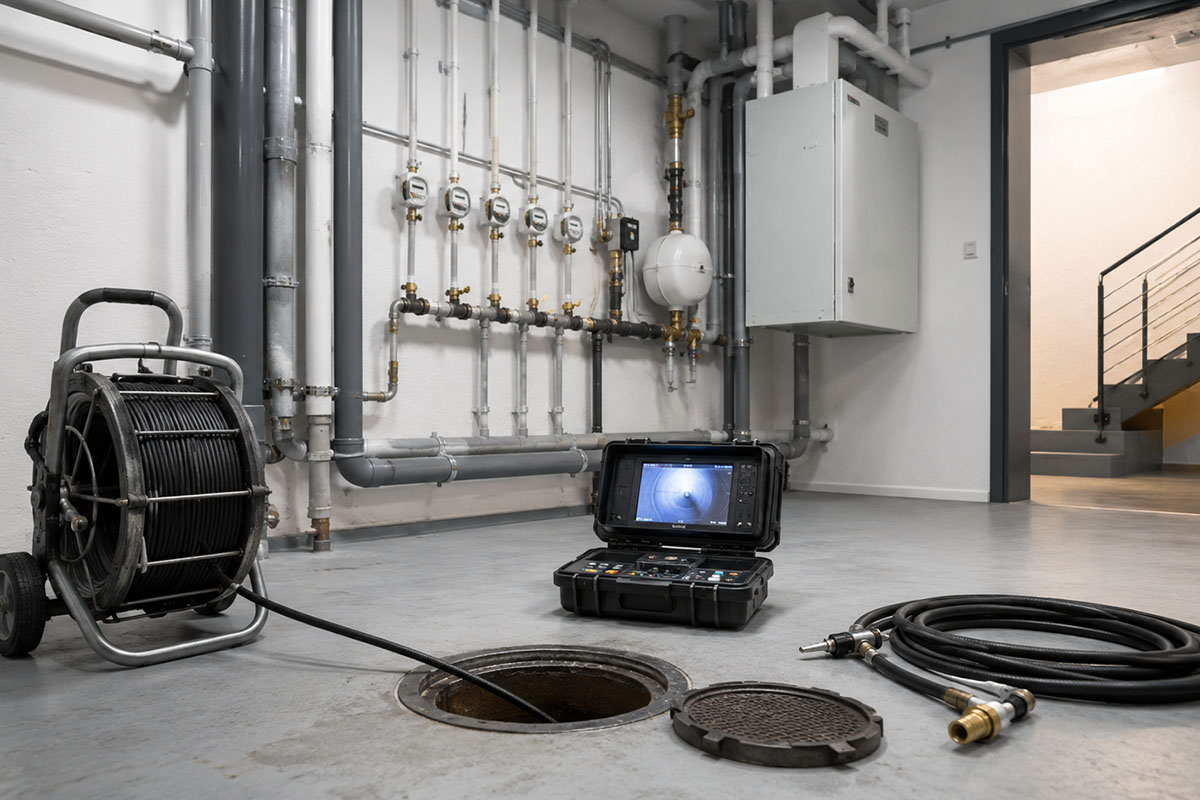 Geöffneter Revisionsschacht in einem sauberen Technikraum eines Mehrfamilienhauses mit Rohrreinigungsgerät, Hochdruckschlauch und TV-Kamera zur Inspektion von Abwasserleitungen.