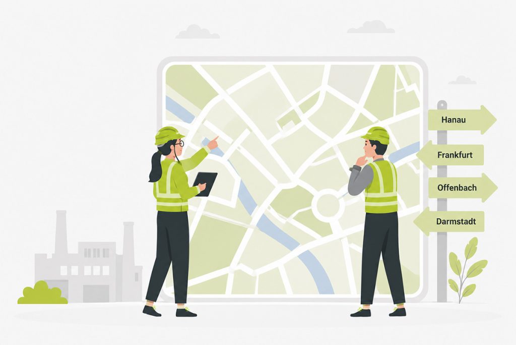 Illustration mit zwei Akatec-Technikern vor einer Karte des Rhein-Main-Gebiets. Wegweiser zeigen die Haupteinsatzgebiete: Hanau, Frankfurt, Offenbach und Darmstadt.
