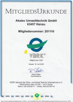 Urkunde die die Akatec-Umwelchtechnik als Mitglied des VDRK ausweist.
