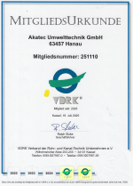 Urkunde die die Akatec-Umwelchtechnik als Mitglied des VDRK ausweist.