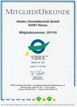 Urkunde die die Akatec-Umwelchtechnik als Mitglied des VDRK ausweist.